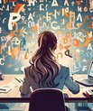 Illustration shows a woman from behind sitting at a desk, surrounded by flying letters.